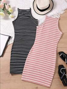 SHEIN Sparklyn Teen Girls Striped Fitted Basic 2 Pieces Mini Dress Set, Outfits - Multicolor - View 2
