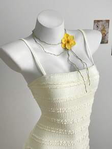 Sunnyshic Vestido de mujer con volantes en capas, jacquard, bandeau y tirantes finos - Amarillo - Ver 6