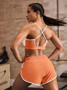 Powerista Women's Minimalist Colorblock Cropped Camisole Tank Top And Elastic Waist Casual Shorts Sports Set Daily Wear Running Cycling Yoga Gym - Orange - View 3