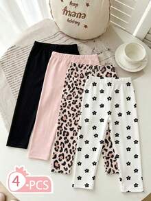 4pcs Girls Korean Style Slim Fit Leggings, Digital Print Heart Leopard Print Solid Color Multi-Print Elastic Waist Thin Tight Pants, Suitable For Daily Wear, Layering, Spring, Summer And Early Autumn - Multicolor - View 2