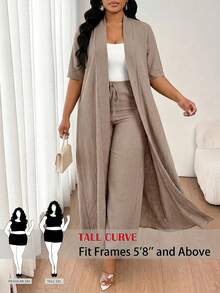 SHEIN Tall CURVE Plus Size Casual Traditional Elegant Commuter Lounge Vacation Solid Color Long Jacket And Pants 2 Pieces Set Evening Business Formal Autumn Fall - Khaki - View 10