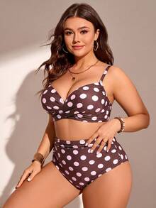 Swim Lushoire 大尺碼女款 2 件組細肩帶黑白波點印花 托高時尚極簡分體泳衣度假套裝 - 粉色 - 查看 3