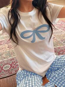 Napfluff 可愛蝴蝶結刺繡上衣與格紋長褲女款睡衣套裝 - 淺藍色 - 查看 4