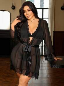 Seduluxe 4pcs/Set Mesh Patchwork Eyelash Lace Plus Size Non-Wired Sexy Lingerie - Black - View 4