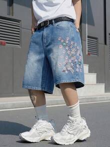 Manfinity EMRG 男士街頭風休閒刺繡藍色牛仔短褲 - 中等水洗藍 - 查看 3