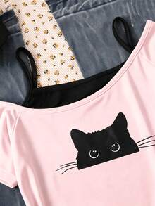 SHEIN 青少年女孩時尚休閒 2 合 1 街頭風 T-Shirt，這款 T-Shirt 適合打造時尚造型，正面印有貓咪圖案，露肩短袖設計，適合夏季娛樂與休閒活動、購物和拍照。 - 粉色 - 查看 4
