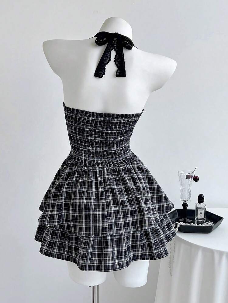 Elamini ヴィンテージ かわいい チェック柄 レース パッチワーク