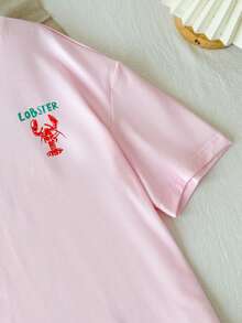 SHEIN Tween Girl Crew Neck Letter Lobster Print Short Sleeve T-Shirt And Shorts Casual Daily Set - Multicolor - View 5
