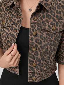 SHEIN EZwear 女士豹纹纽扣牛仔夹克 - 咖啡棕 - 查看 4