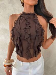 Aloruh New Sexy Backless Lace-Up Design Crop Top, Purple Elegant Multi-Tier Ruffle Decor Halter Backless Vest, Spring/Summer - Coffee Brown - View 8