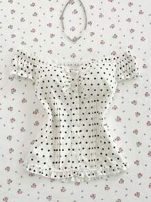 Mori Grove Mori Grove Women's Summer Apricot Polka Dot Off-Shoulder Ruffle Trim Fitted Striped Shirt - Apricot - View 1