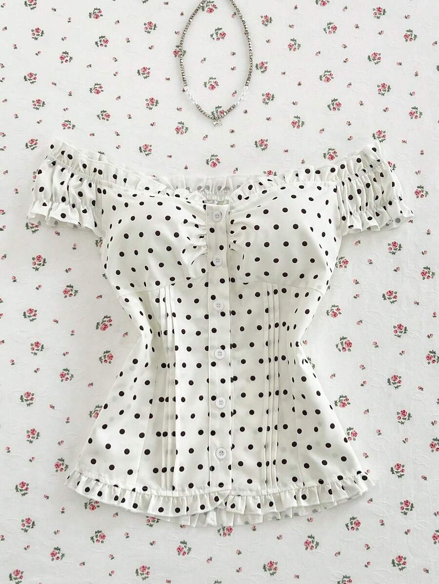 Mori Grove Mori Grove Women's Summer Apricot Polka Dot Off-Shoulder Ruffle Trim Fitted Striped Shirt - Apricot - View 1