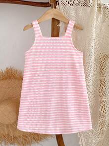 SHEIN Genkimix Kids 1件女童 YK2 夏季休閒洋裝，黃色與白色鉤編面料，3D 海星前胸設計，無袖吊帶洋裝，適合海灘度假、休閒穿著、島嶼假期 - 粉色 - 查看 3