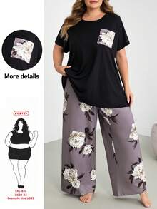 SHEIN CURVE+ Große Größen bedrucktes Kurzarm-Langhose-Pyjama-Set, Outfits - Verschiedenfarbig - Übersicht 4