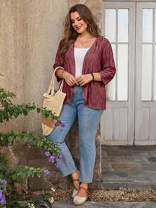 EMERY ROSE Plus Size Vacation Outfits Woman Solid Color Asymmetric Hem Casual Resort CostumeJacket Fall - Burgundy - View 5