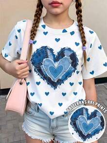 青少年女孩 1件復古心形印花舒適圓領短袖T恤，適合春/夏日常穿著、戶外活動、夏季休閒百搭上衣 - 彩色 - 查看 3