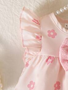SHEIN Infant & Baby GirlFloral Print Dress With Bow Decoration, Cute Style Suitable For Daily Wear, Outings And Photo Shoots - Pink - View 7