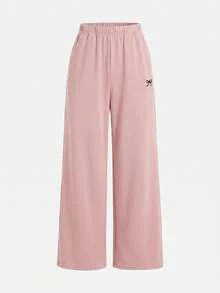 SHEIN Tween Girls Versatile Bow Pattern Long Sleeve Long Pants Light Gray 2 Pieces Set - Pink - View 3