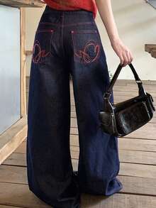 DAZY Women's Loose Wide Leg Denim Jeans With Pockets, Dark Red Summer Street Style Y2k, Back-To-School School - Blue - View 7