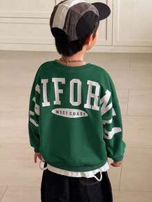 SHEIN Little Byeori 1件青少年男孩休閒學院風舒適時尚極簡街頭風寬鬆百搭大字母圖案厚款運動衫，適合日常穿著、上學、旅行、運動，秋冬季 - 綠色 - 查看 4