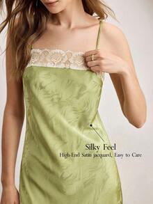 Ocili Bohemian Jacquard Satin Lace Minimalist V-Neck Sleeveless Long Nightgown, Comfortable Sleepwear For Women - Green - View 2