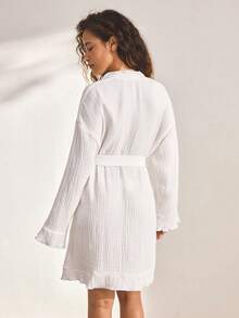 Ocili Comfortable Cotton Soft Mesh Double-Layer Robe Sleepwear For Women, Frill Trim Long Robe - White - View 4
