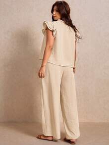 Elaquor Plus Size Women's Ruffle Trim Front Tie Small Flutter Sleeve Blouse And Wide Leg Pants Casual 2 Pieces Set Casual Summer Vacation Daily Two Pieces Set - Apricot - View 2