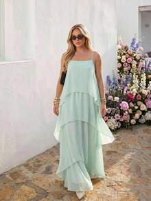 Auralis Mint Green Plus Size Top Long Tiered Cake Dress With Asymmetric Hem, Multi-Layered Chiffon, Flowy And Romantic, Perfect For A Beach Vacation. - Mint Green - View 3