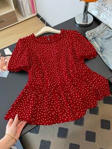 GlowEve CURVE Plus Size Women's New French Elegant Ruffle Edge Polka Dot Puff Short Sleeve Blouse, Unique Exquisite Top - Multicolor - View 2