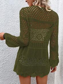 SHEIN Swim 度假海灘素色鏤空針織和服式罩衫 - 軍綠色 - 查看 2