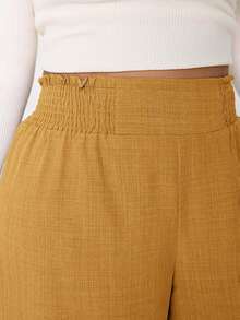 Solflare New Casual Loose Fit Plus Size Trousers, Linen Look Fabric, Elastic Waist With Gathered Detail, Mustard Yellow, Suitable For Outings, Holiday, Summer - Light Yellow - View 4
