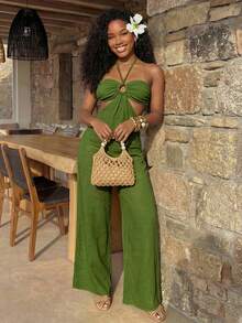 BamGleam Women's Solid Color Cutout Design Halter Neck Sexy Jumpsuit For Vacation - Army Green - View 5