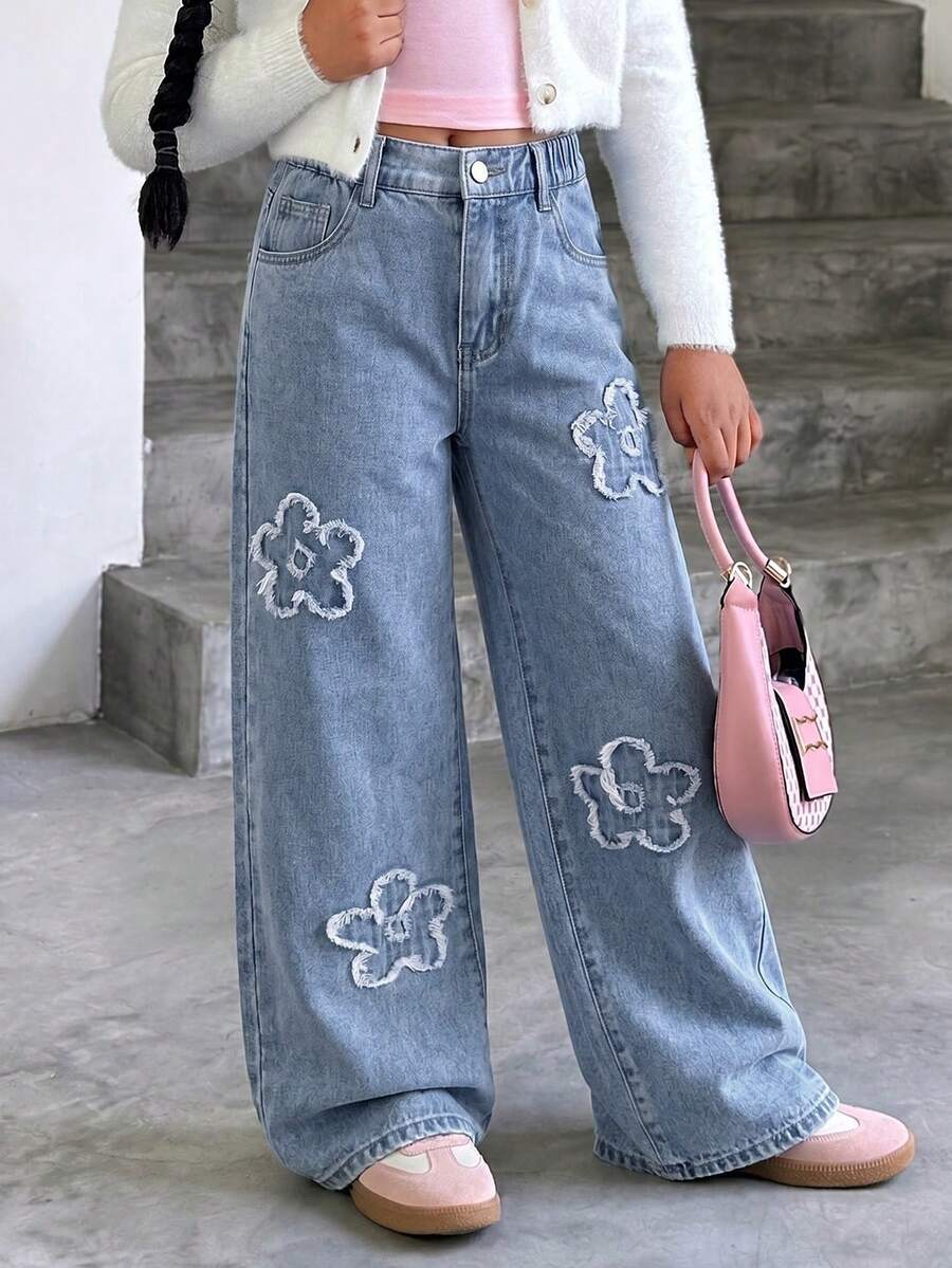 SHEIN 女童新款時尚個性百搭精緻可愛甜美水洗拼接花卉刺繡寬腿牛仔褲，兒童寬腿褲適合學校、校園、大學穿著