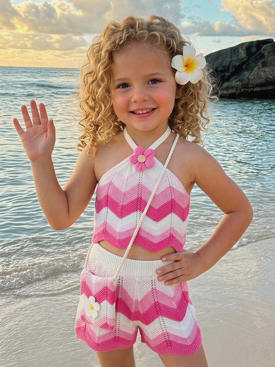 SHEIN Young Girl Casual Daily Versatile Comfortable Light & Dark Contrast Color Knit Tank Top And Pants 2 Pieces Set - Hot Pink - View 1