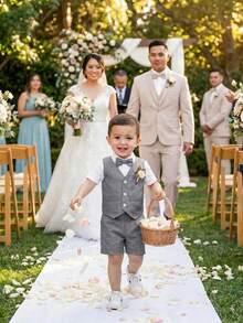 SHEIN 3 pezzi Set completo da gentiluomo per ragazzi pre-adolescenti, camicia polo bianca, gilet e pantaloni eleganti per casa, uscita, festa, celebrazione, evento serale, esibizione, matrimonio, elegante, ospite di matrimonio, paggio, portatore di anelli, matrimonio - Grigio Scuro - Visualizzare 3