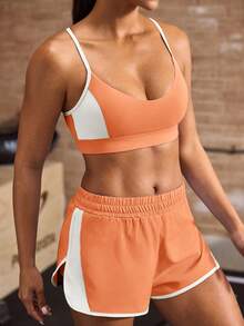 Powerista Women's Minimalist Colorblock Cropped Camisole Tank Top And Elastic Waist Casual Shorts Sports Set Daily Wear Running Cycling Yoga Gym - Orange - View 4