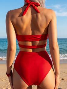 Swim Basics 热销纯色吊带红色比基尼套装，适合度假、海滩、派对的沙滩装 - 紅色 - 查看 2