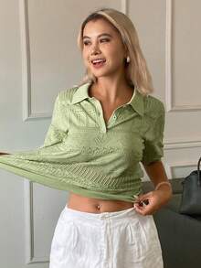 DAZY 條紋POLO領短袖休閒春夏女款針織上衣 - 綠色 - 查看 5