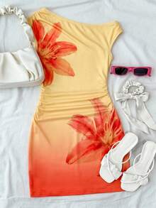 SHEIN Teen Girl Vacation Floral Print Asymmetrical Shoulder Fashion Dress - Multicolor - View 7