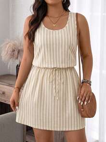 Comfylo Casual Simple Vintage Striped Pattern Print Plus Size Dress Suitable For Spring And Summer Suitable For Vacation - Multicolor - View 4