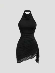 Sweetra New Summer Lace Patchwork Asymmetric Hem Drawstring Tie Design Cowl Neck Backless Elegant Commuter Fashion Mini Dress - Black - View 6