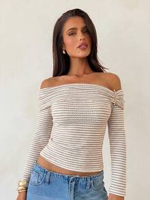 Aloruh Apricot Striped Knit Long Sleeve Fitted T-Shirt Top With Off-Shoulder - Apricot - View 8