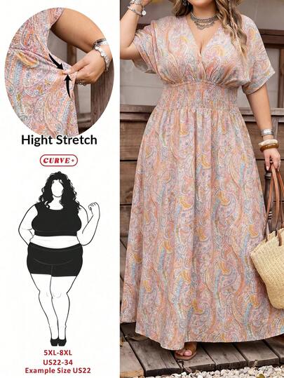 SHEIN CURVE+ Curve Size Music Festival, Seaside Vacation, BohemiaRandom Print Pleated Elastic Waist Women Beach Dress, Summer Holiday Outfit