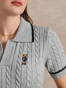 Briarwyn Women's Cartoon Bear Pattern Lapel Short Sleeve Knit Top Back-To-School School Grey Autumn Preppy - Light Grey - View 2