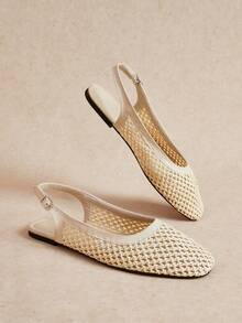 Rosivie Zapatos de mujer blancos tejidos con tira trasera hueca, zapatos de verano transpirables con punta cuadrada, suela plana y empeine bajo de estilo retro - Blanco tejido - Ver 4