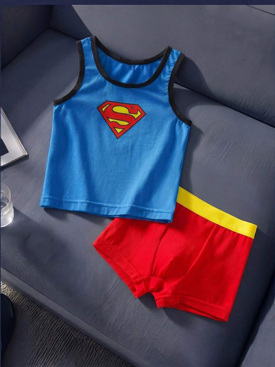 SUPERMAN X SHEIN Young Boy Geometric Print Casual Tank Top And Shorts - Blue - View 1