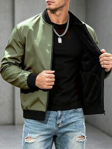 Manfinity Homme Men's Colorblock Long Sleeve Zipper Front Casual Baseball Jacket - Army Green - View 2