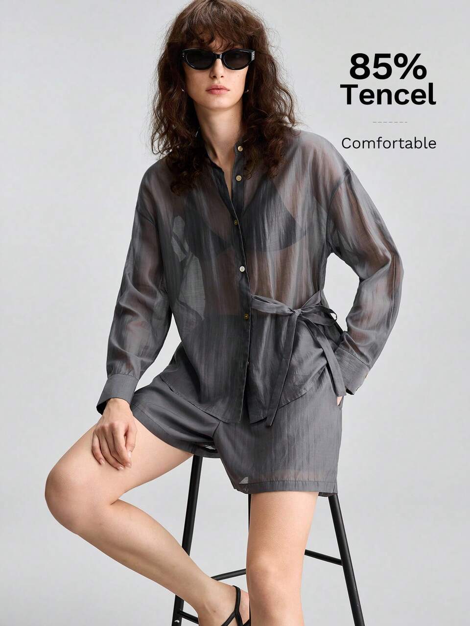Women's Dark Grey Material Two-Piece Set With Tie Design All-Season Bohemian Style Elegant Vacation Outfits Women's Clothing Modern