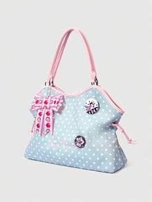 ROMWE Kawaii 1個棕色可愛草莓蝴蝶結吊飾Y2K復古波點字母刺繡徽章花卉印花女款托特包，大容量女款單肩包 - 藍色圓點款 - 查看 2