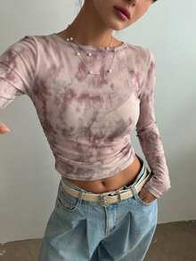 DAZY Summer Autumn Pink Gradient Lace T-Shirt, Wedding Night Out Banquet Slim Fit Elegant Y2k Sheer Mesh Long Sleeve Women's Blouse Graphic Tee - Pink - View 2